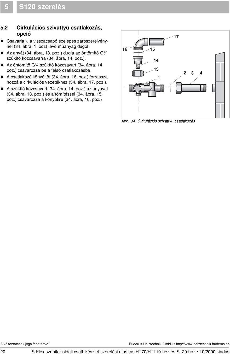 A csatlakozó könyököt (34. ábra, 1. poz.) forrassza hozzá a cirkulációs vezetékhez (34. ábra, 1. poz.). A szûkítõ közcsavart (34. ábra, 14. poz.) az anyával (34.
