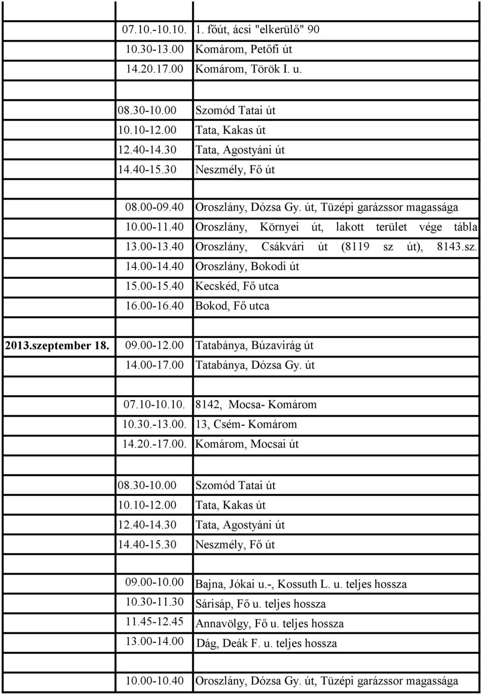 00 Tatabánya, Dózsa Gy. út 07.10-10.10. 8142, Mocsa- Komárom 10.30.-13.00. 13, Csém- Komárom 14.20.-17.00. Komárom, Mocsai út 09.00-10.00 Bajna, Jókai u.-, Kossuth L. u. teljes hossza 10.