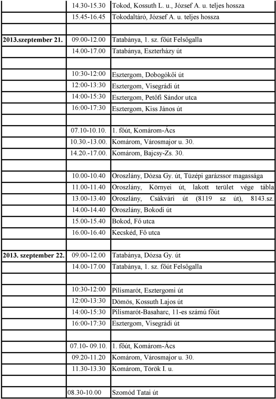 30.-13.00. Komárom, Városmajor u. 30. 14.20.-17.00. Komárom, Bajcsy-Zs. 30. 10.00-10.40 Oroszlány, Dózsa Gy. út, Tüzépi garázssor 16.00-16.40 Kecskéd, Fő utca 2013. szeptember 22. 09.00-12.