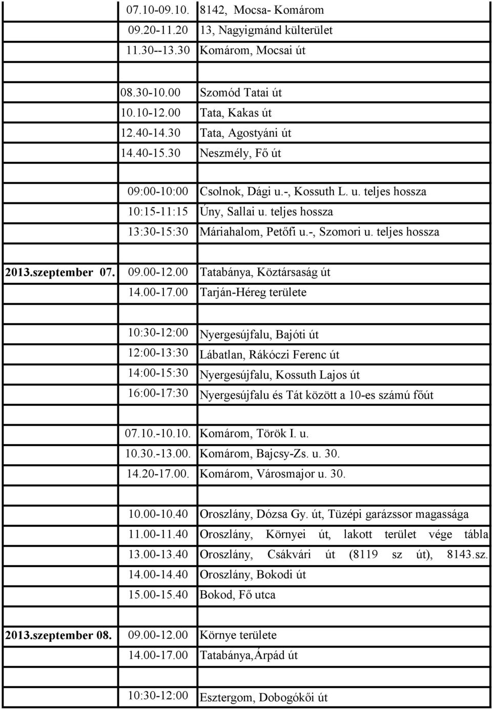 00 Tarján-Héreg területe 10:30-12:00 Nyergesújfalu, Bajóti út 12:00-13:30 Lábatlan, Rákóczi Ferenc út 14:00-15:30 Nyergesújfalu, Kossuth Lajos út 16:00-17:30 Nyergesújfalu és Tát között a 10-es számú