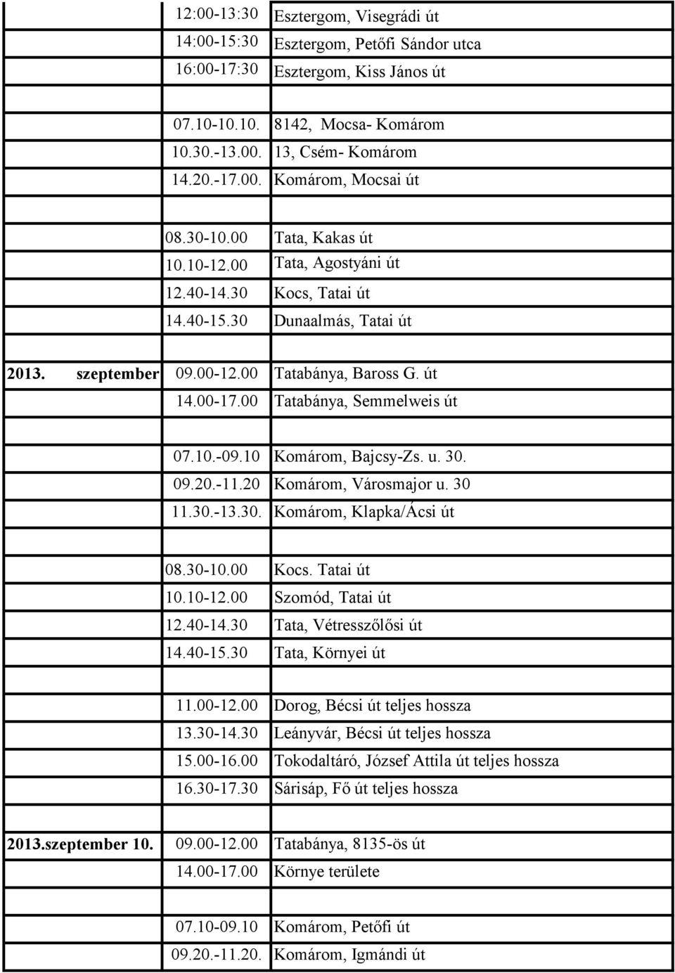 10 Komárom, Bajcsy-Zs. u. 30. 09.20.-11.20 Komárom, Városmajor u. 30 11.30.-13.30. Komárom, Klapka/Ácsi út 08.30-10.00 Kocs. Tatai út 10.10-12.00 Szomód, Tatai út 12.40-14.