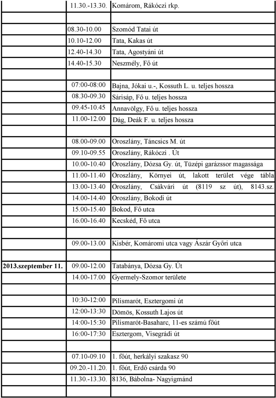 00 Kisbér, Komáromi utca vagy Ászár Győri utca 2013.szeptember 11. 09.00-12.00 Tatabánya, Dózsa Gy. Út 14.00-17.