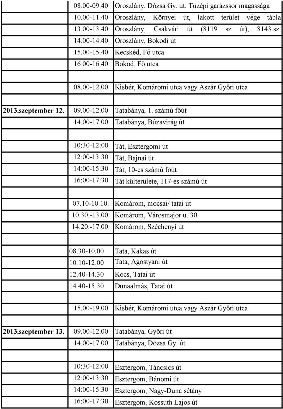 00 Tatabánya, Búzavirág út 10:30-12:00 Tát, Esztergomi út 12:00-13:30 Tát, Bajnai út 14:00-15:30 Tát, 10-es számú főút 16:00-17:30 Tát külterülete, 117-es számú út 07.10-10.10. Komárom, mocsai/ tatai út 10.