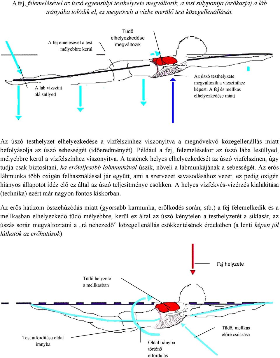 A fej és mellkas elhelyezkedése miatt Az úszó testhelyzet elhelyezkedése a vízfelszínhez viszonyítva a megnövekvő közegellenállás miatt befolyásolja az úszó sebességét (időeredményét).