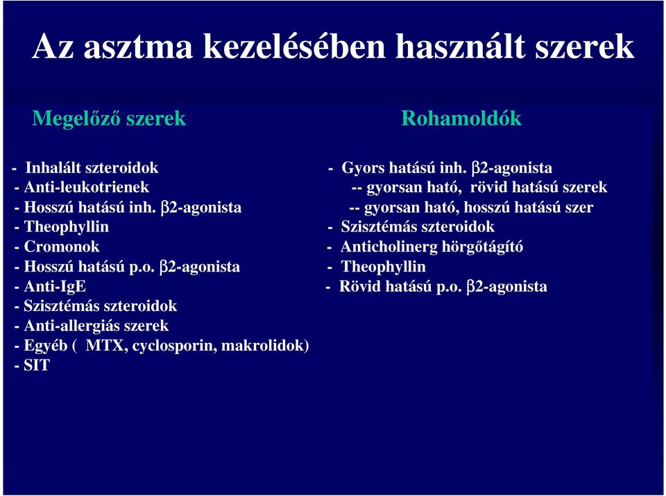 β2-agonista -- gyorsan ható, hosszú hatású szer - Theophyllin - Szisztémás szteroidok - Cromonok - Anticholinerg hörgőtágító -