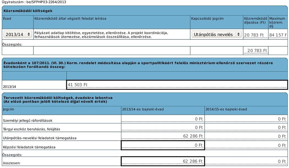 rendelet módosítása alapján a sportpolitikáért f elelős minisztérium ellenőrző szervezet részére kötelezően fordítandó összeg: 41 503 Ft Tervezett közreműködői költségek, évadokra lebontva (Az előző