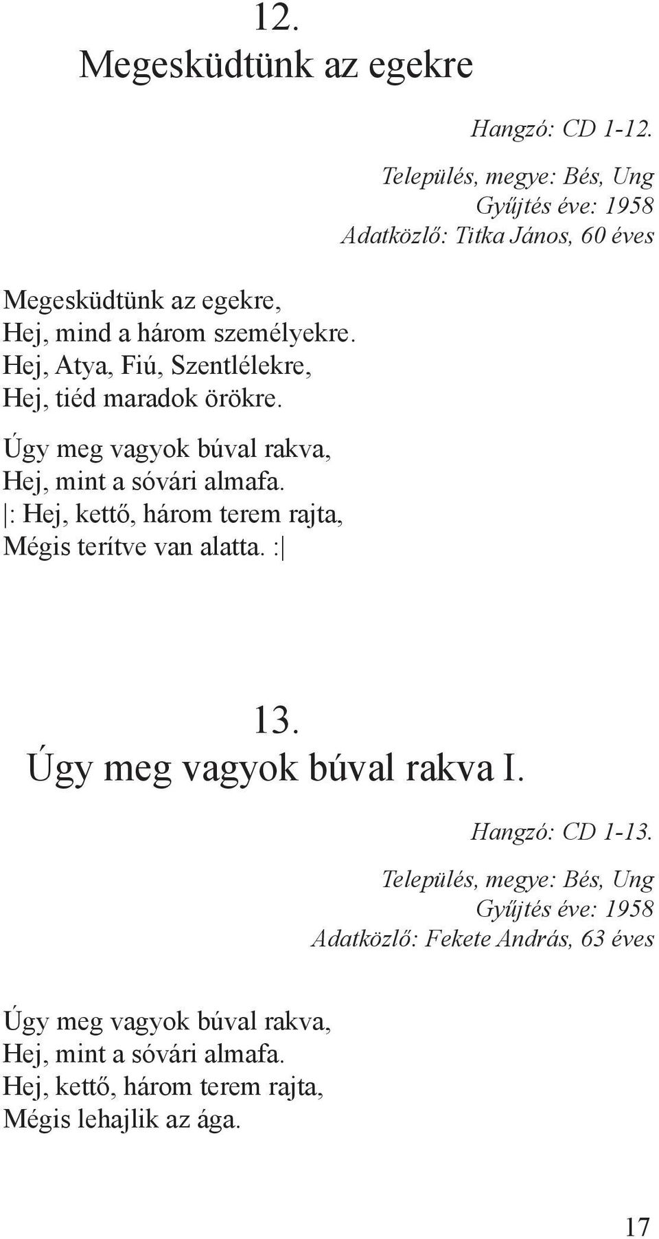 Település, megye: Bés, Ung Adatközlő: Titka János, 60 éves 13. Úgy meg vagyok búval rakva I. Hangzó: CD 1-13.