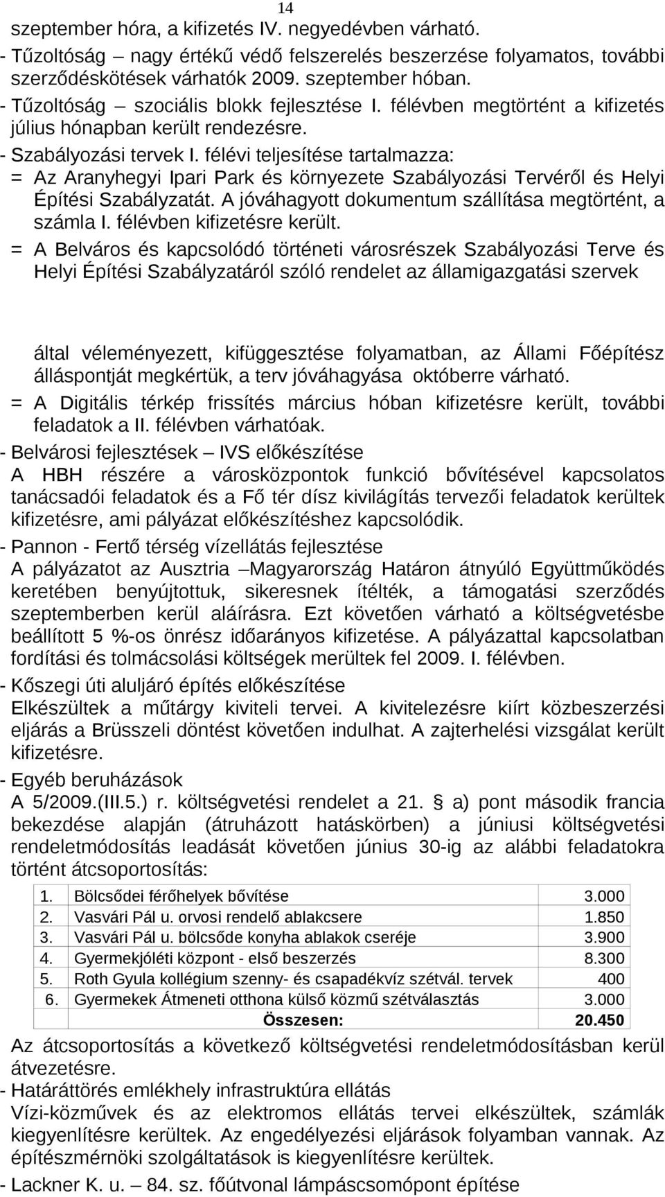 félévi teljesítése tartalmazza: = Az Aranyhegyi Ipari Park és környezete Szabályozási Tervéről és Helyi Építési Szabályzatát. A jóváhagyott dokumentum szállítása megtörtént, a számla I.