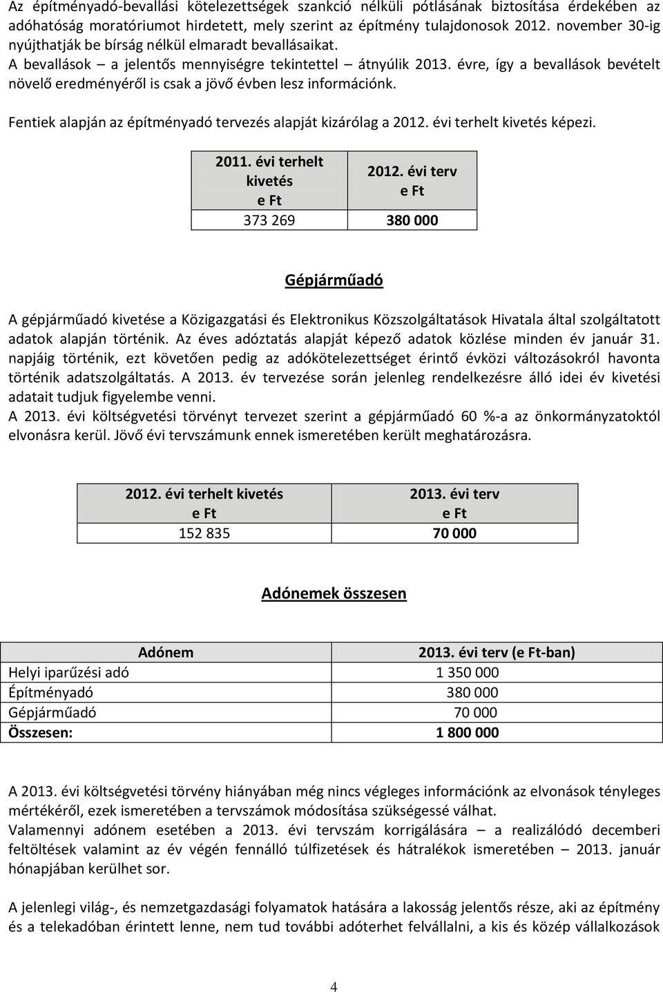 évre, így a bevallások bevételt növelő eredményéről is csak a jövő évben lesz információnk. Fentiek alapján az építményadó tervezés alapját kizárólag a 2012. évi terhelt kivetés képezi. 2011.