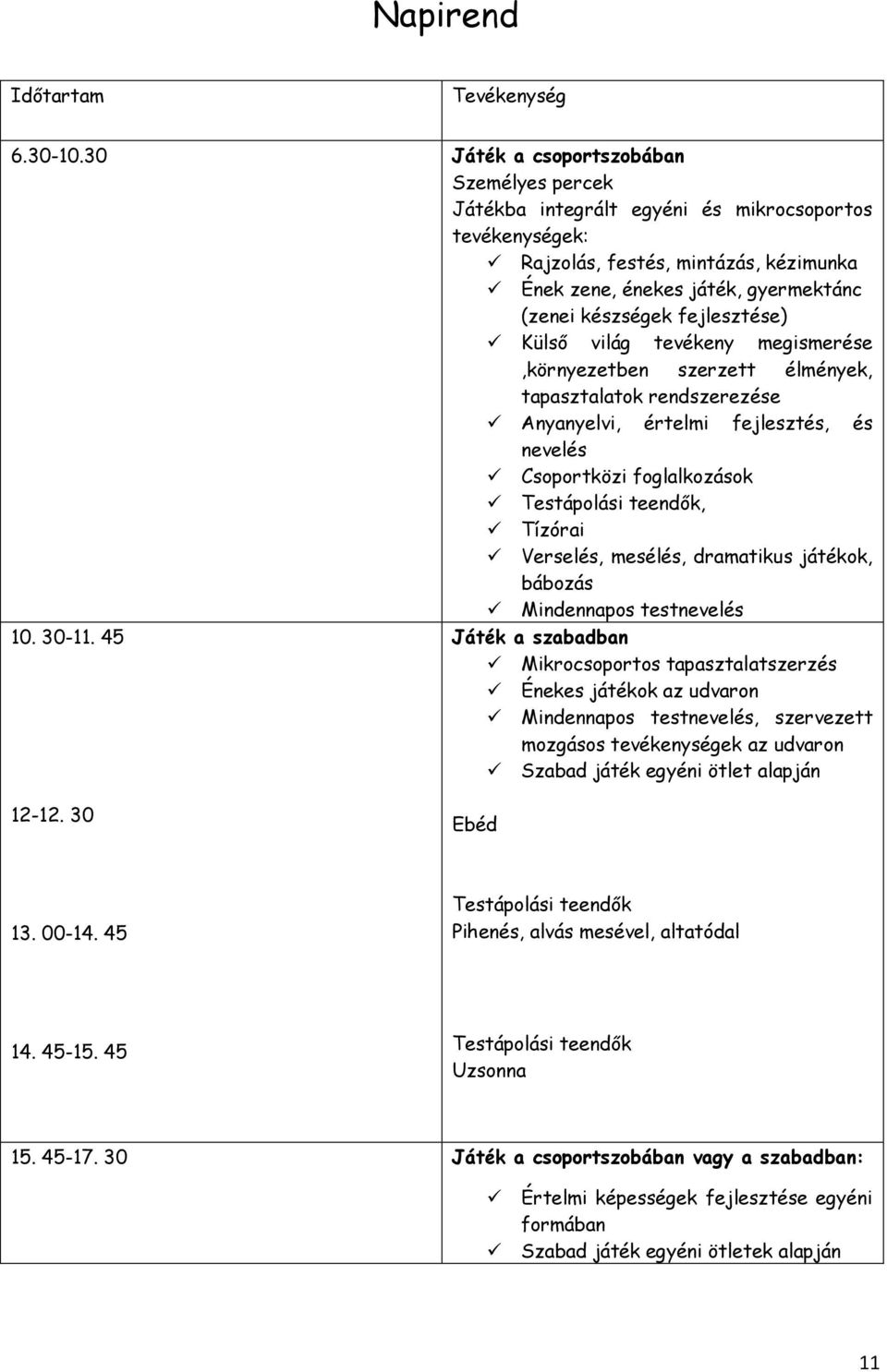 fejlesztése) Külső világ tevékeny megismerése,környezetben szerzett élmények, tapasztalatok rendszerezése Anyanyelvi, értelmi fejlesztés, és nevelés Csoportközi foglalkozások Testápolási teendők,