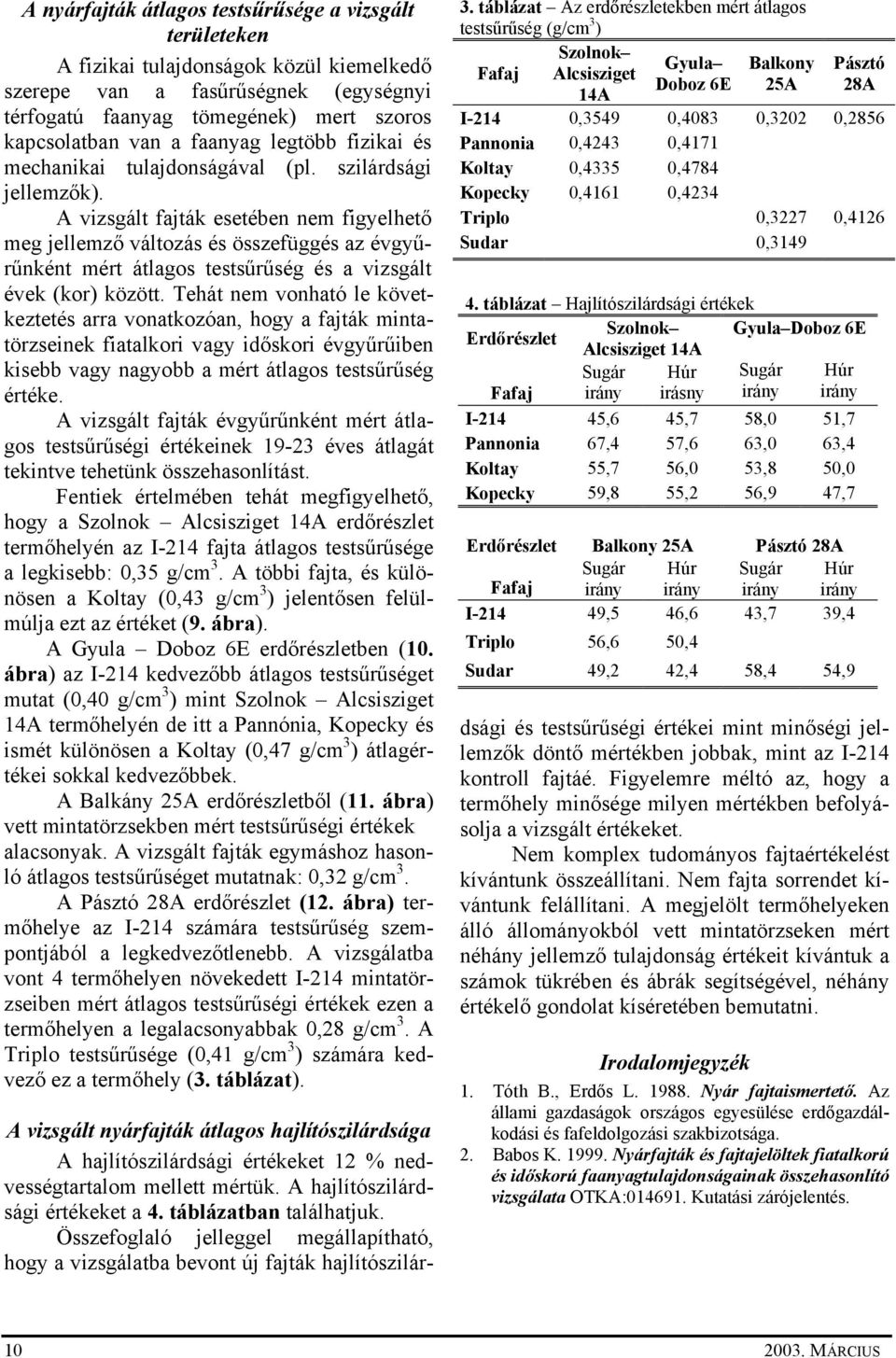 A vizsgált fajták esetében nem figyelhető meg jellemző változás és összefüggés az évgyűrűnként mért átlagos testsűrűség és a vizsgált évek (kor) között.