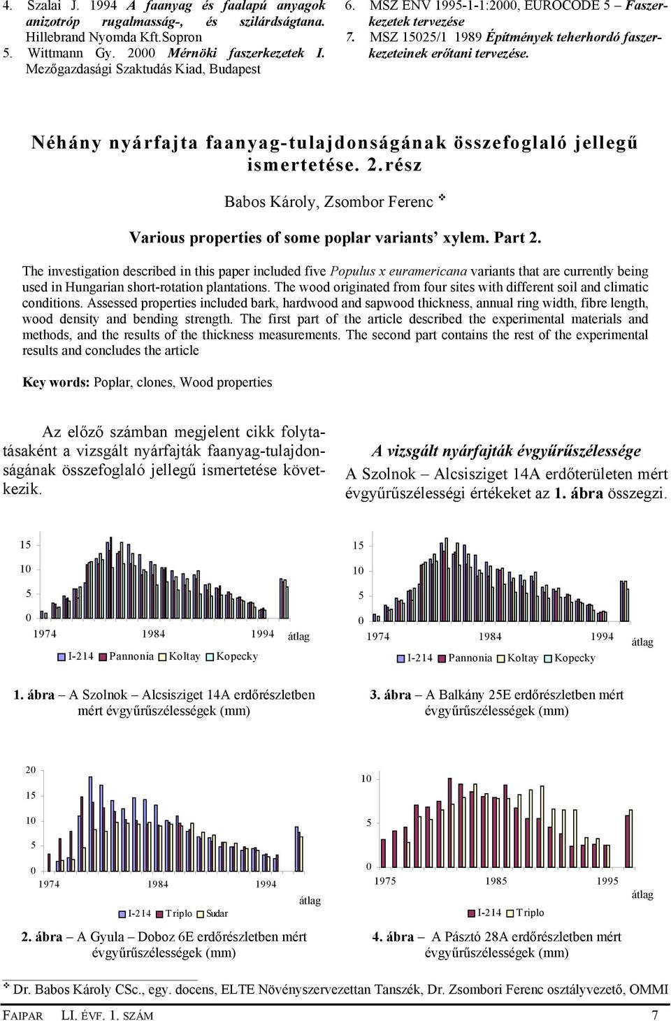 Néhány nyárfajta faanyag-tulajdonságának összefoglaló jellegű ismertetése. 2.rész Babos Károly, Zsombor Ferenc Various properties of some poplar variants xylem. Part 2.