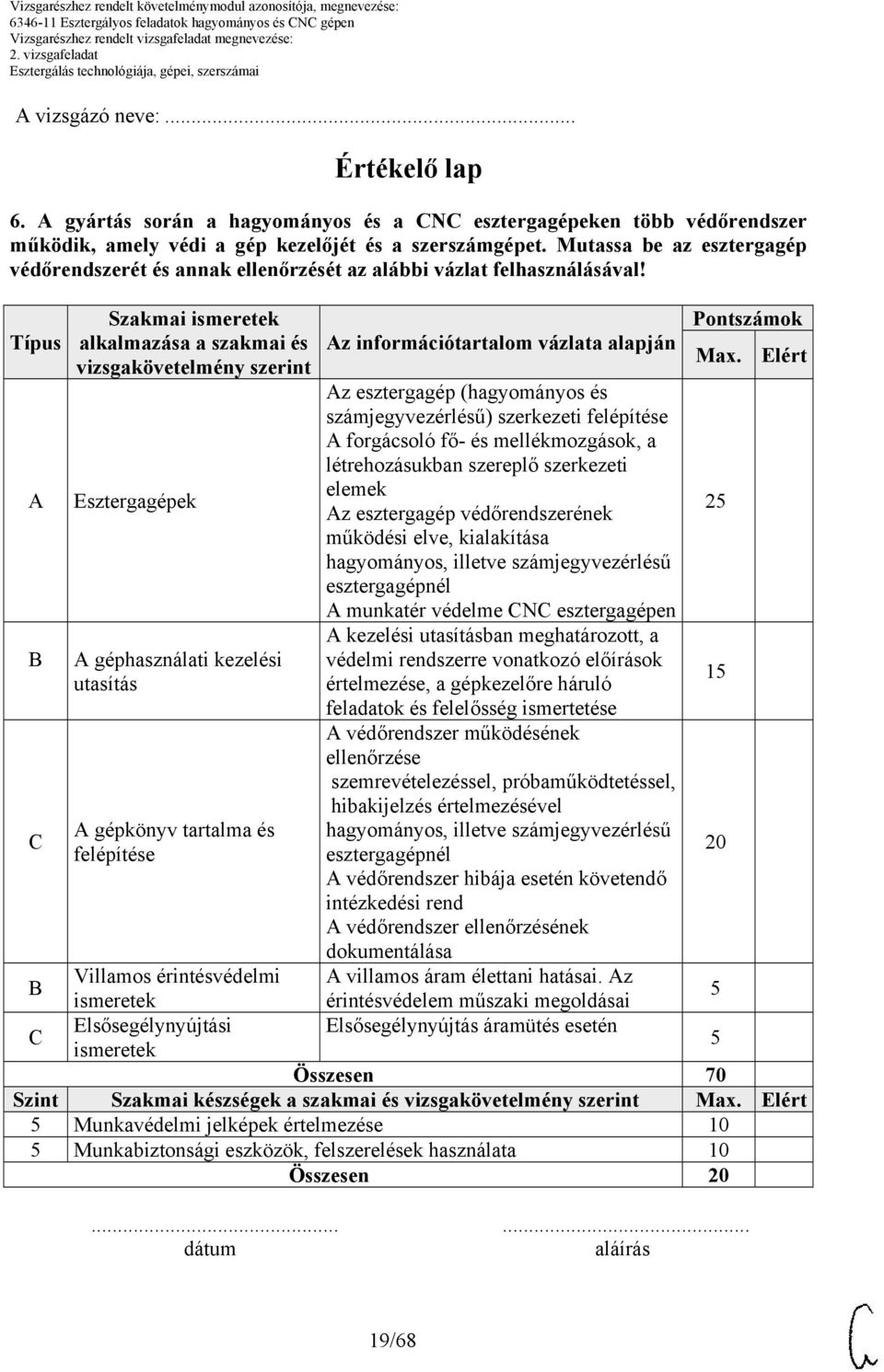 Típus B C B C Szakmai ismeretek alkalmazása a szakmai és vizsgakövetelmény szerint Esztergagépek géphasználati kezelési utasítás gépkönyv tartalma és felépítése Villamos érintésvédelmi ismeretek