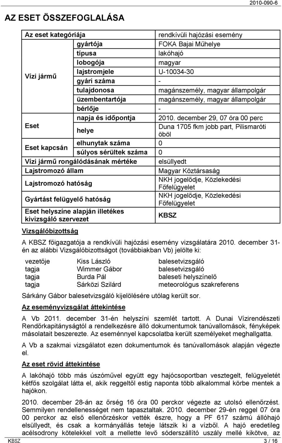 december 29, 07 óra 00 perc Eset Duna 1705 fkm jobb part, Pilismaróti helye öböl Eset kapcsán elhunytak száma 0 súlyos sérültek száma 0 Vízi jármű rongálódásának mértéke elsüllyedt Lajstromozó állam