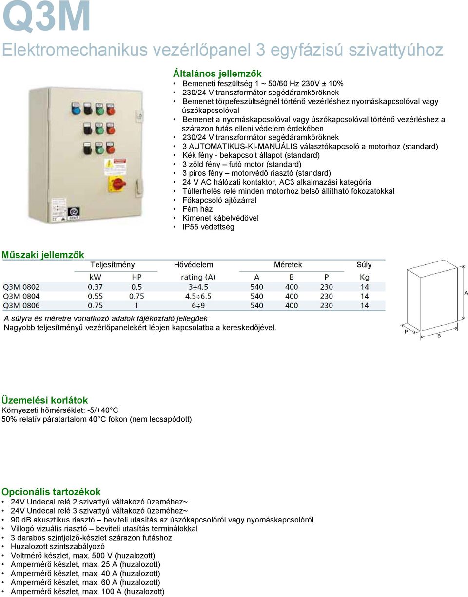 bekapcsolt állapot (standard) 3 zöld fény futó motor (standard) 3 piros fény motorvédő riasztó (standard) 24 V AC hálózati kontaktor, AC3 alkalmazási kategória Túlterhelés relé minden motorhoz belső