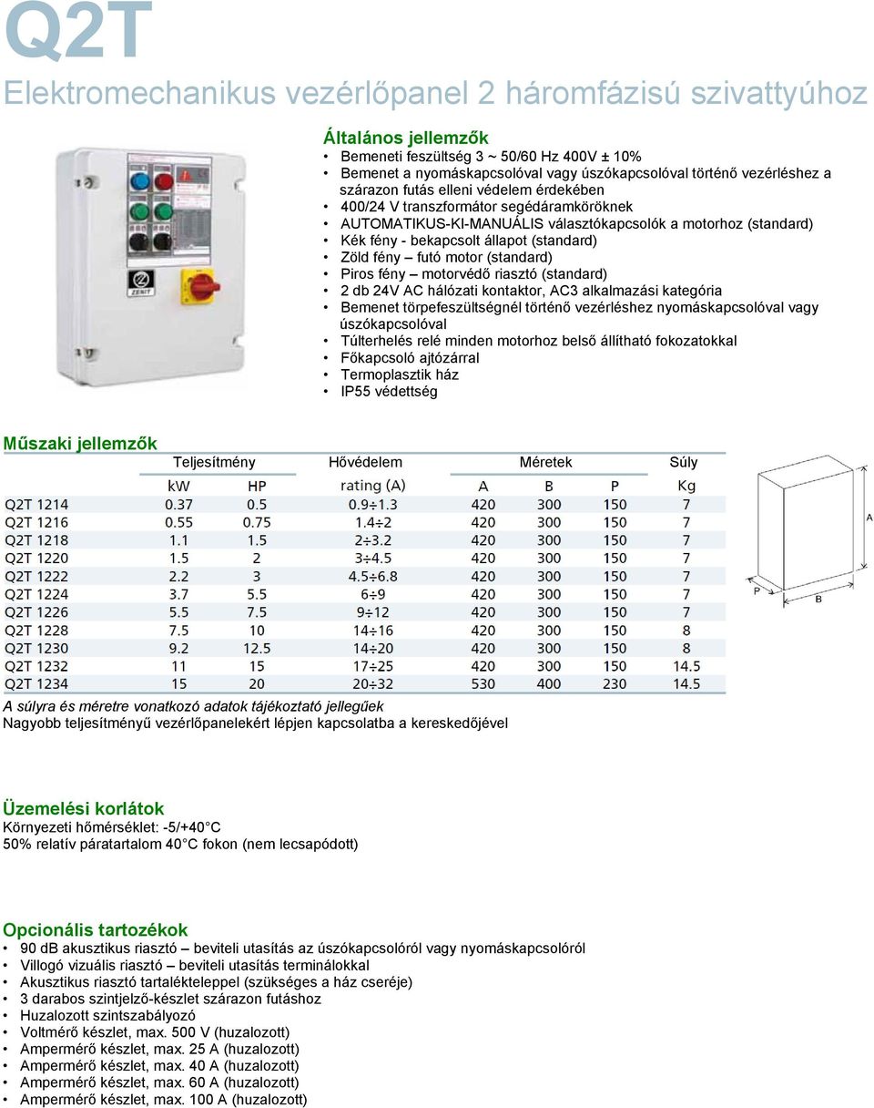 Piros fény motorvédő riasztó (standard) 2 db 24V AC hálózati kontaktor, AC3 alkalmazási kategória úszókapcsolóval Túlterhelés relé minden motorhoz belső állítható fokozatokkal Termoplasztik ház