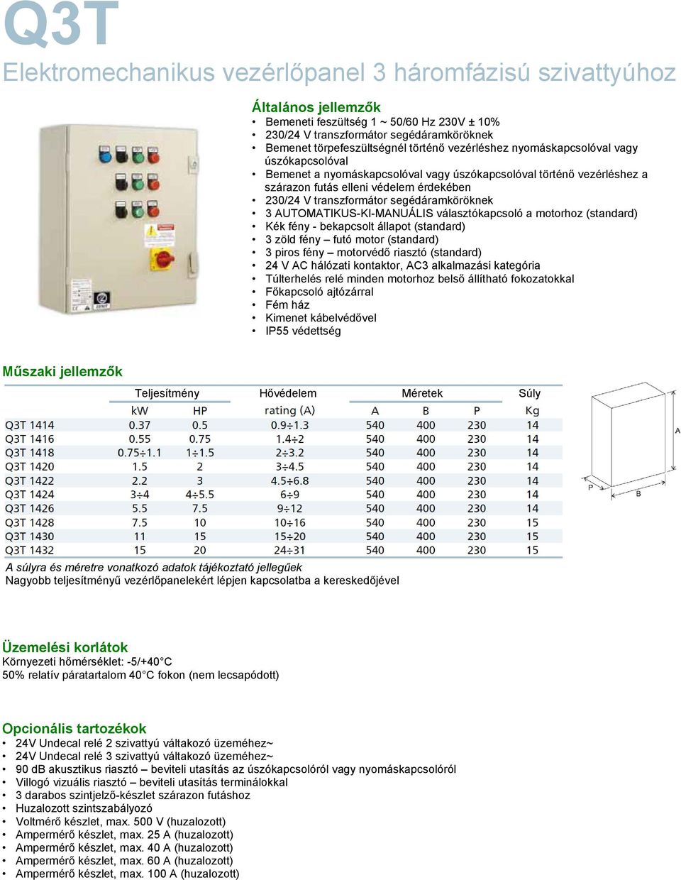 bekapcsolt állapot (standard) 3 zöld fény futó motor (standard) 3 piros fény motorvédő riasztó (standard) 24 V AC hálózati kontaktor, AC3 alkalmazási kategória Túlterhelés relé minden motorhoz belső