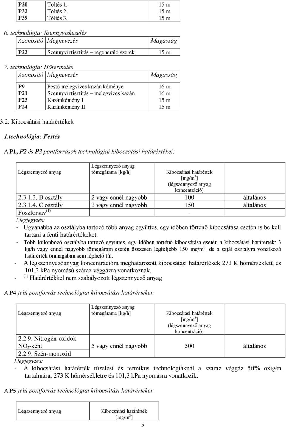 technológia: Festés A P1, P2 és P3 pontforrások technológiai kibocsátási határértékei: tömegárama [kg/h] Kibocsátási határérték [mg/m 3 ] (légszennyező anyag koncentráció) 2.3.1.3. B osztály 2 vagy ennél nagyobb 100 általános 2.