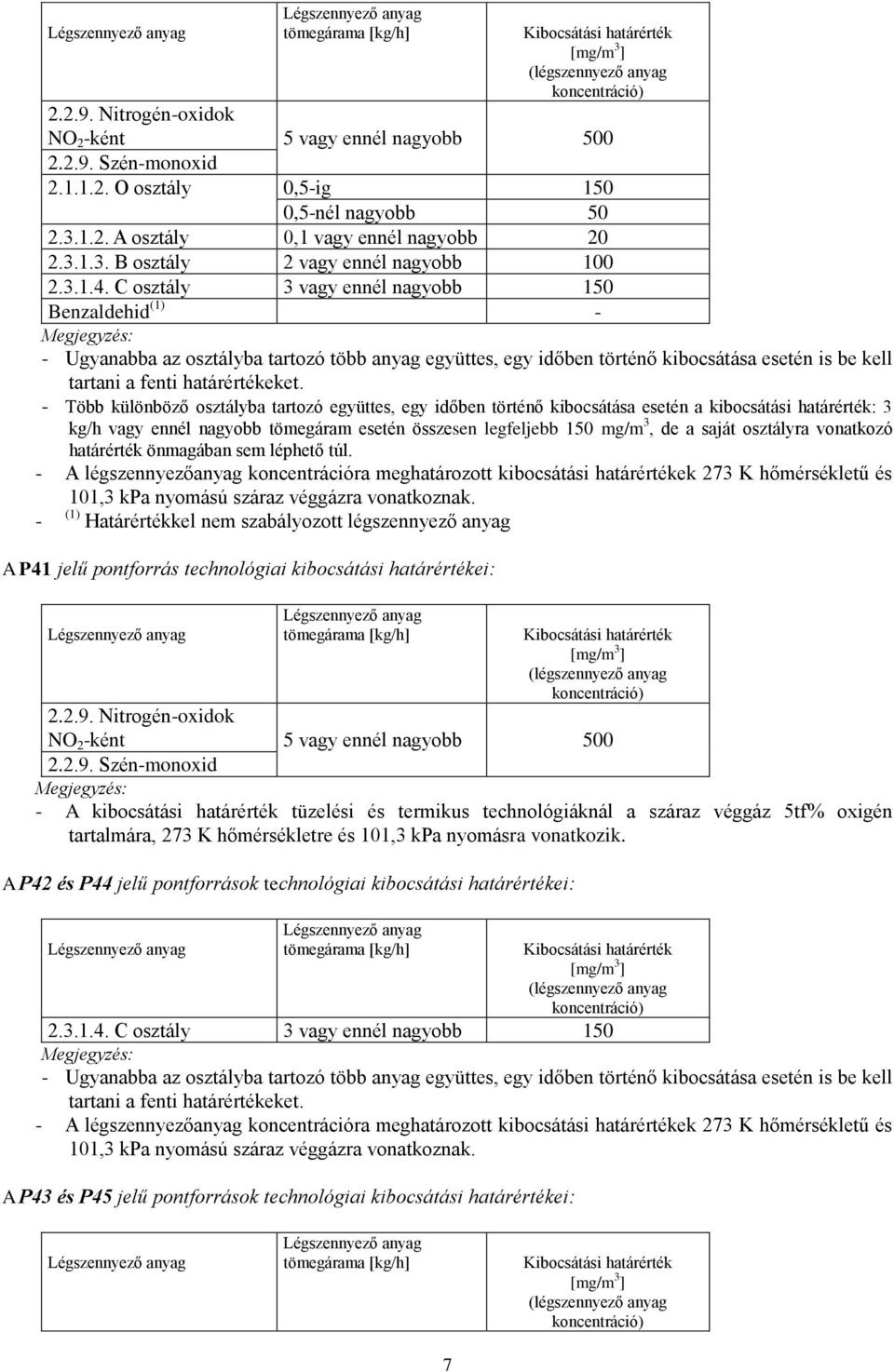 C osztály 3 vagy ennél nagyobb 150 Benzaldehid (1) - Megjegyzés: - Ugyanabba az osztályba tartozó több anyag együttes, egy időben történő kibocsátása esetén is be kell tartani a fenti határértékeket.