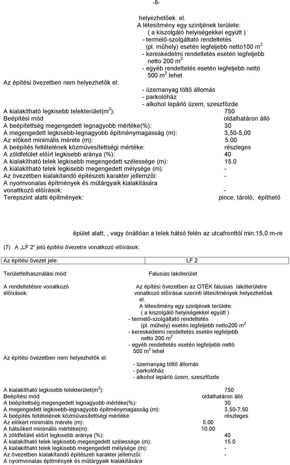 alkohol lepárló üzem, szeszfőzde A kialakítható legkisebb telekterület(m 2 ): 750 Beépítési mód oldalhatáron álló A beépítettség megengedett legnagyobb mértéke(%): 30 A megengedett