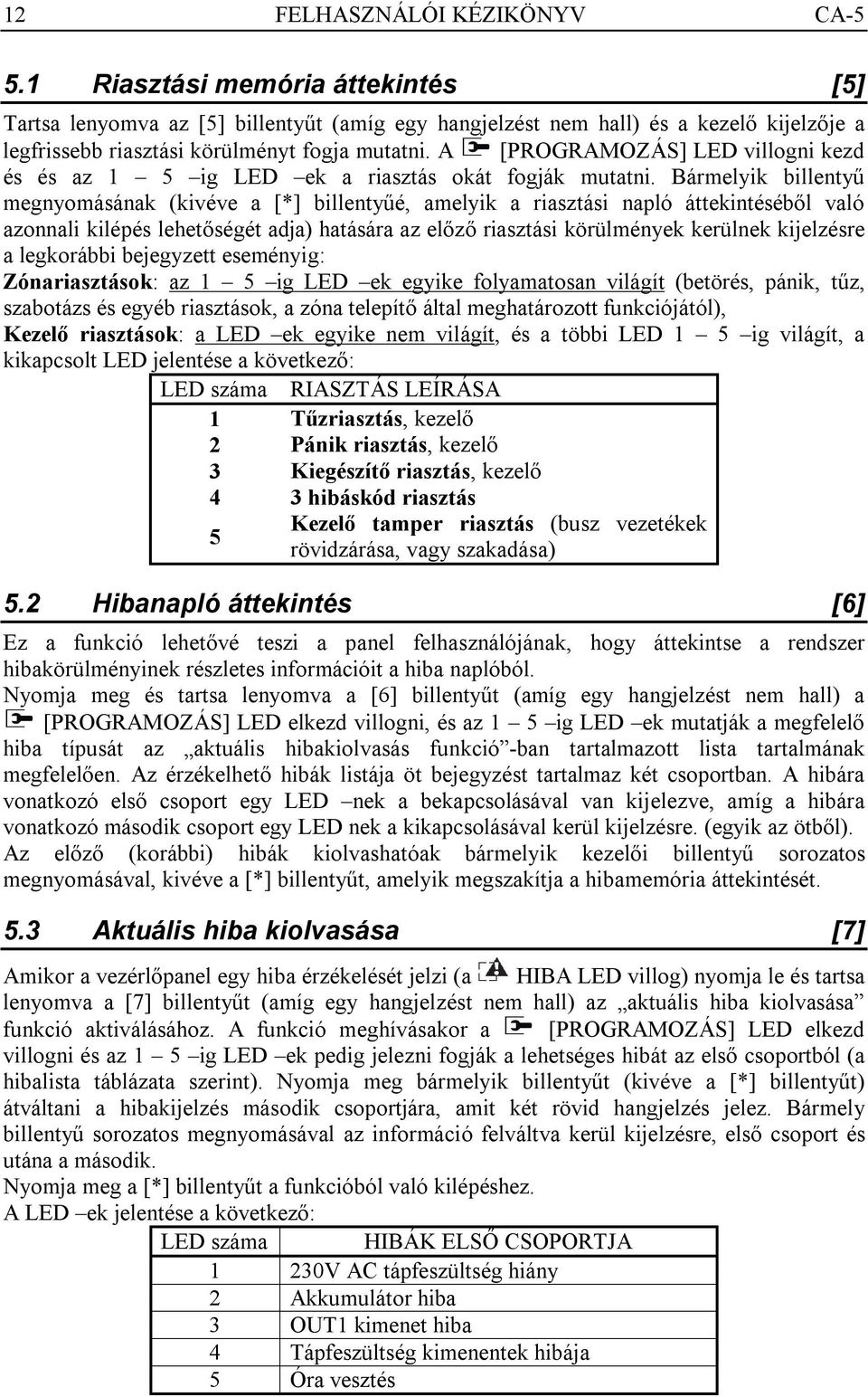 A [PROGRAMOZÁS] LED villogni kezd és és az 1 5 ig LED ek a riasztás okát fogják mutatni.