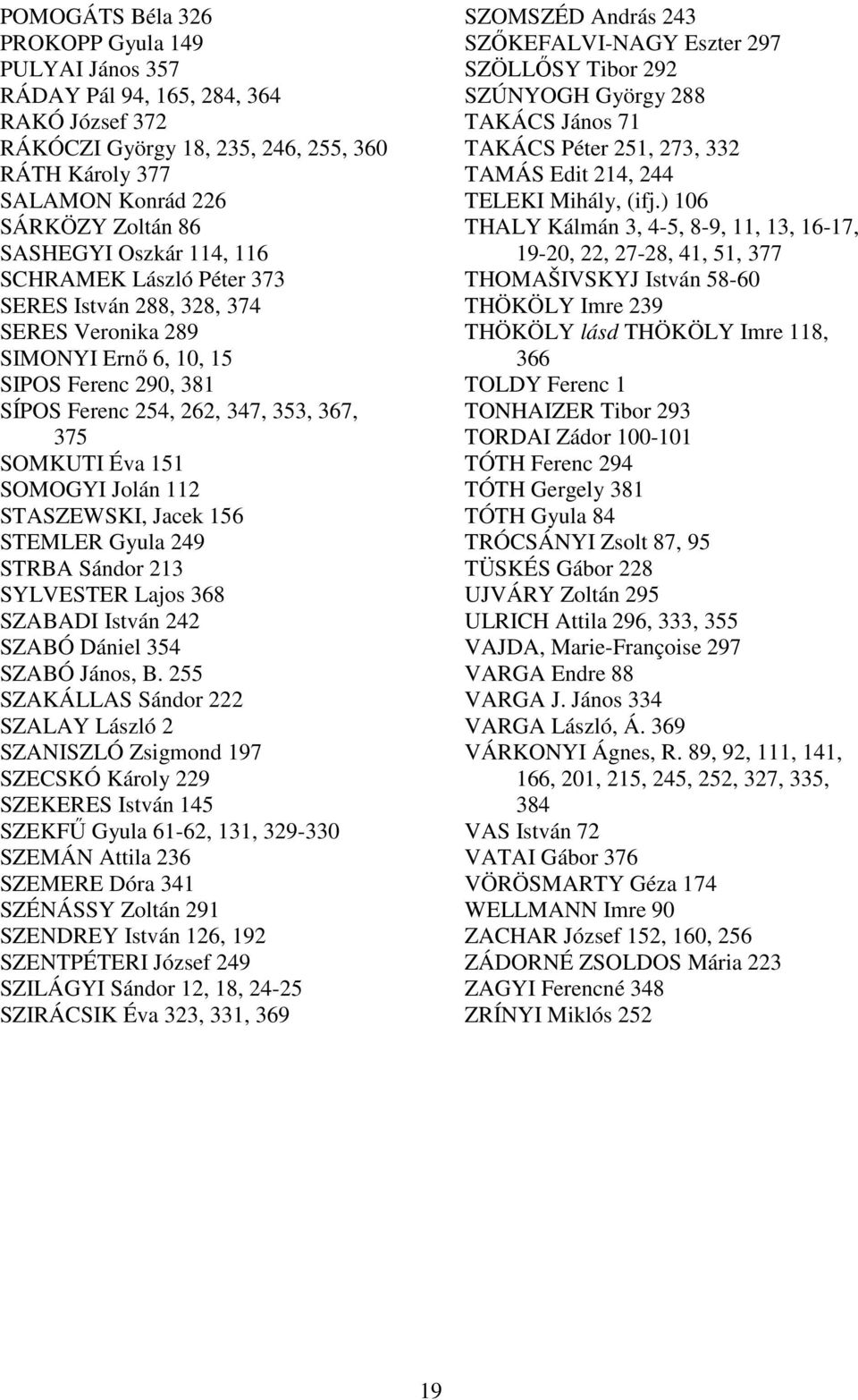 Jolán 112 STASZEWSKI, Jacek 156 STEMLER Gyula 249 STRBA Sándor 213 SYLVESTER Lajos 368 SZABADI István 242 SZABÓ Dániel 354 SZABÓ János, B.