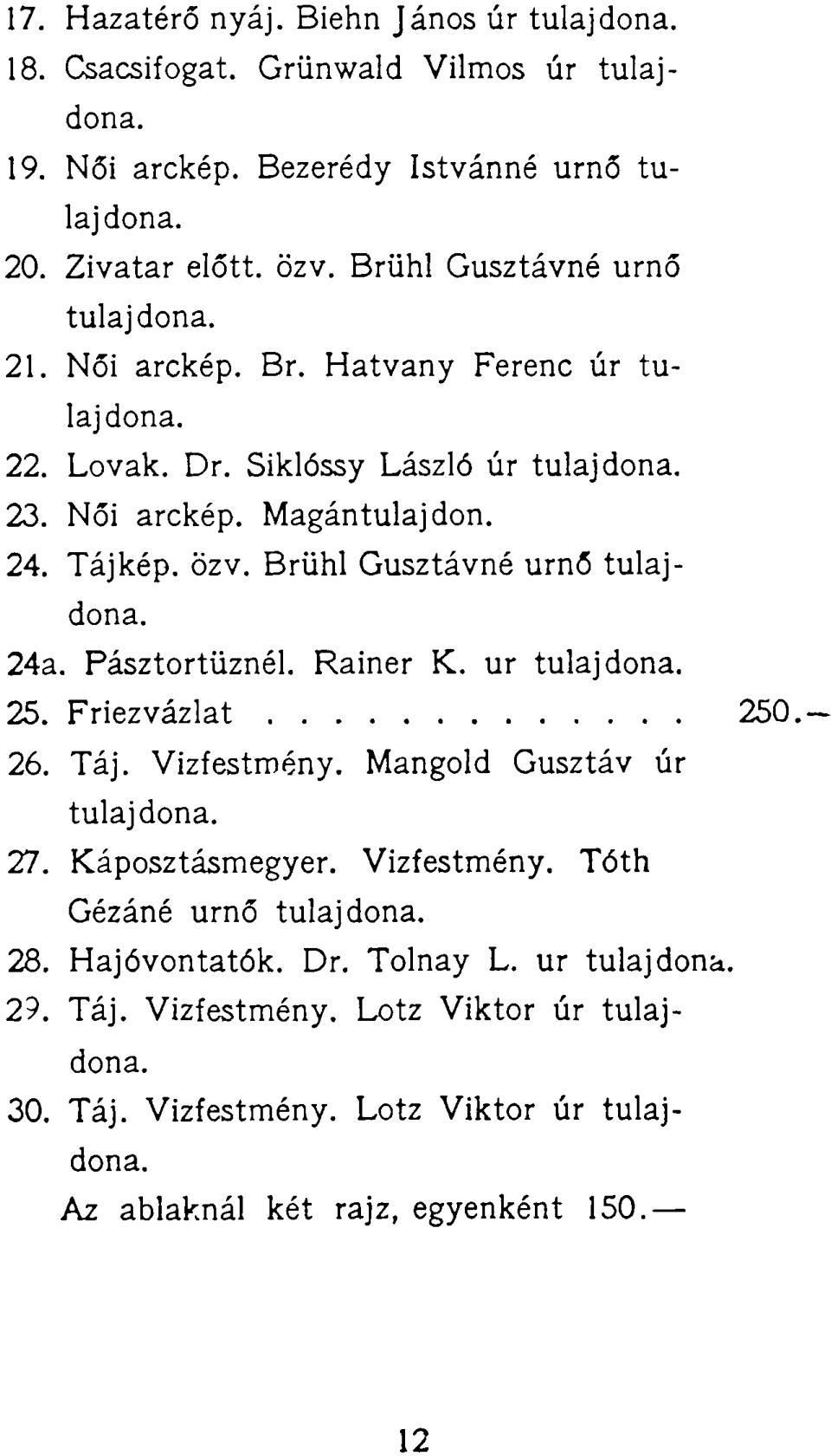 Brühl Gusztávné urnő 24a. Pásztortüznél. Rainer K. ur 25. Friezvázlat 250.- 26. Táj. Vizfestmény. Mangold Gusztáv úr 27. Káposztásmegyer.