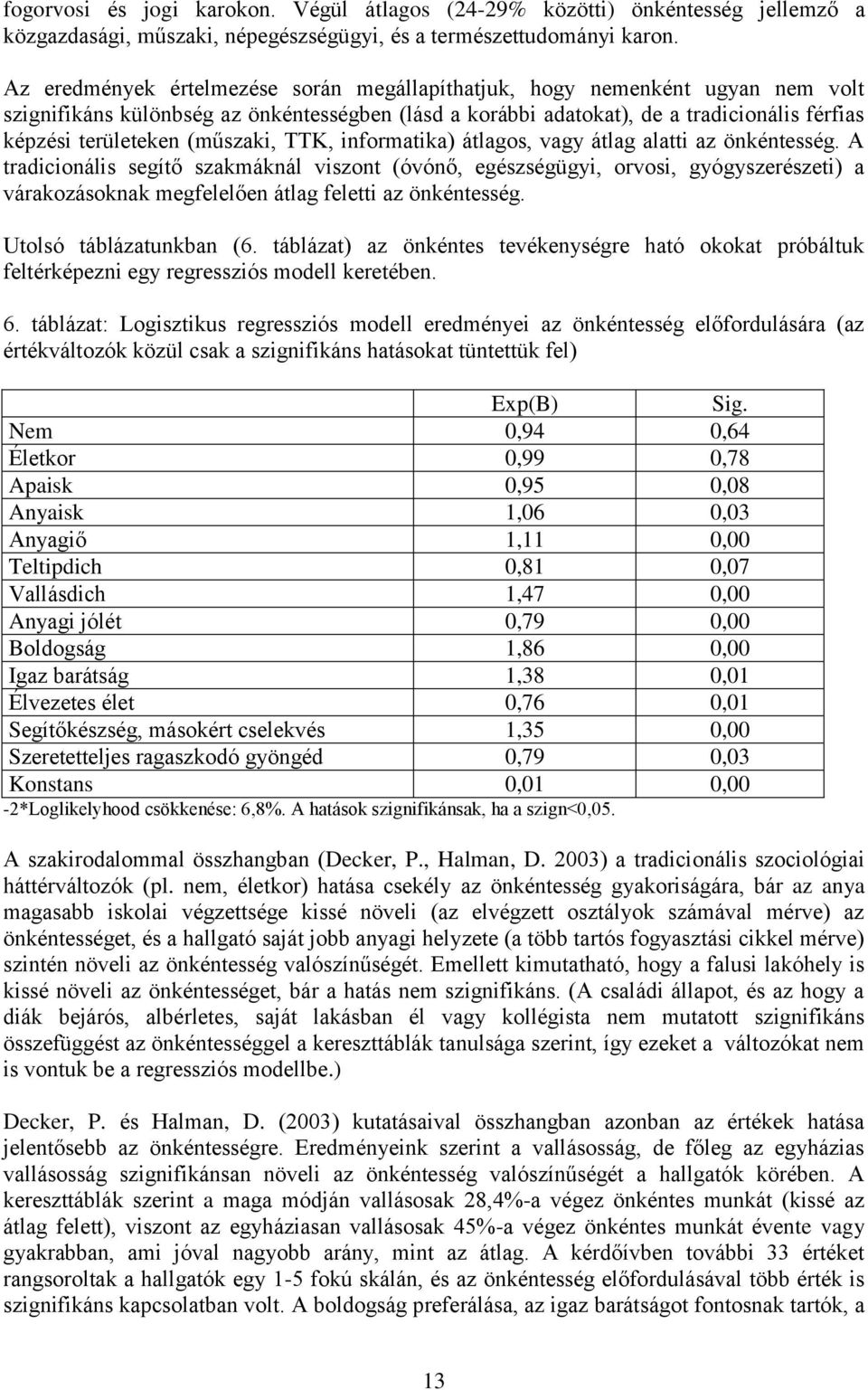 (műszaki, TTK, informatika) átlagos, vagy átlag alatti az önkéntesség.