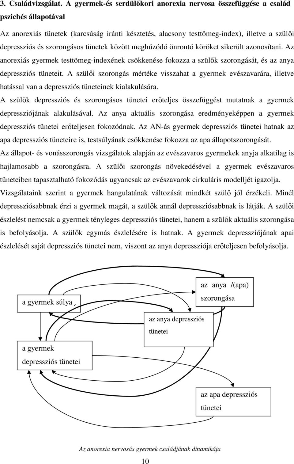 szorongásos tünetek között meghúzódó önrontó köröket sikerült azonosítani. Az anorexiás gyermek testtömeg-indexének csökkenése fokozza a szülık szorongását, és az anya depressziós tüneteit.