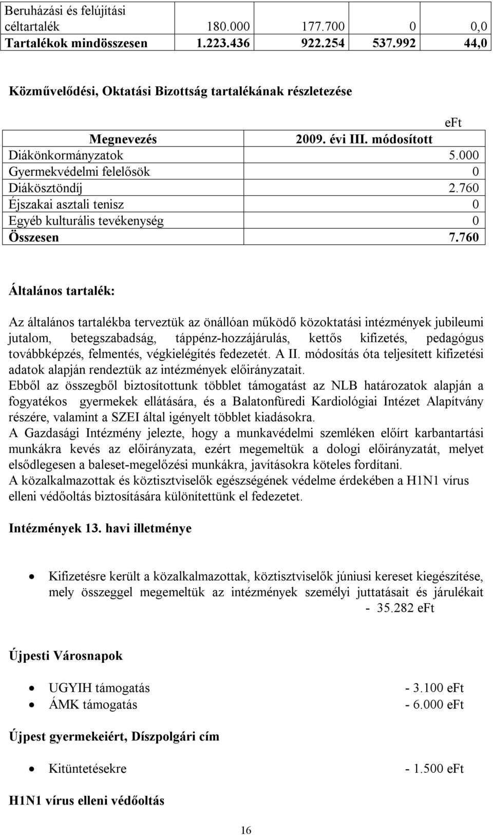 760 Általános tartalék: Az általános tartalékba terveztük az önállóan működő közoktatási intézmények jubileumi jutalom, betegszabadság, táppénz-hozzájárulás, kettős kifizetés, pedagógus továbbképzés,