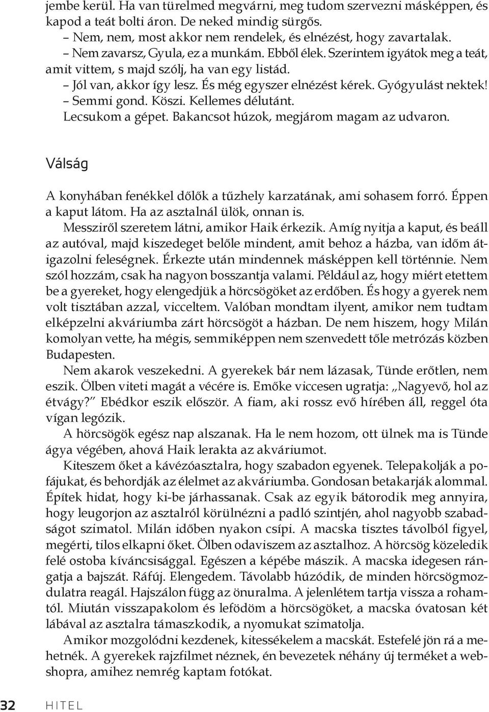 Semmi gond. Köszi. Kellemes délutánt. Lecsukom a gépet. Bakancsot húzok, megjárom magam az udvaron. Válság A konyhában fenékkel dőlők a tűzhely karzatának, ami sohasem forró. Éppen a kaput látom.