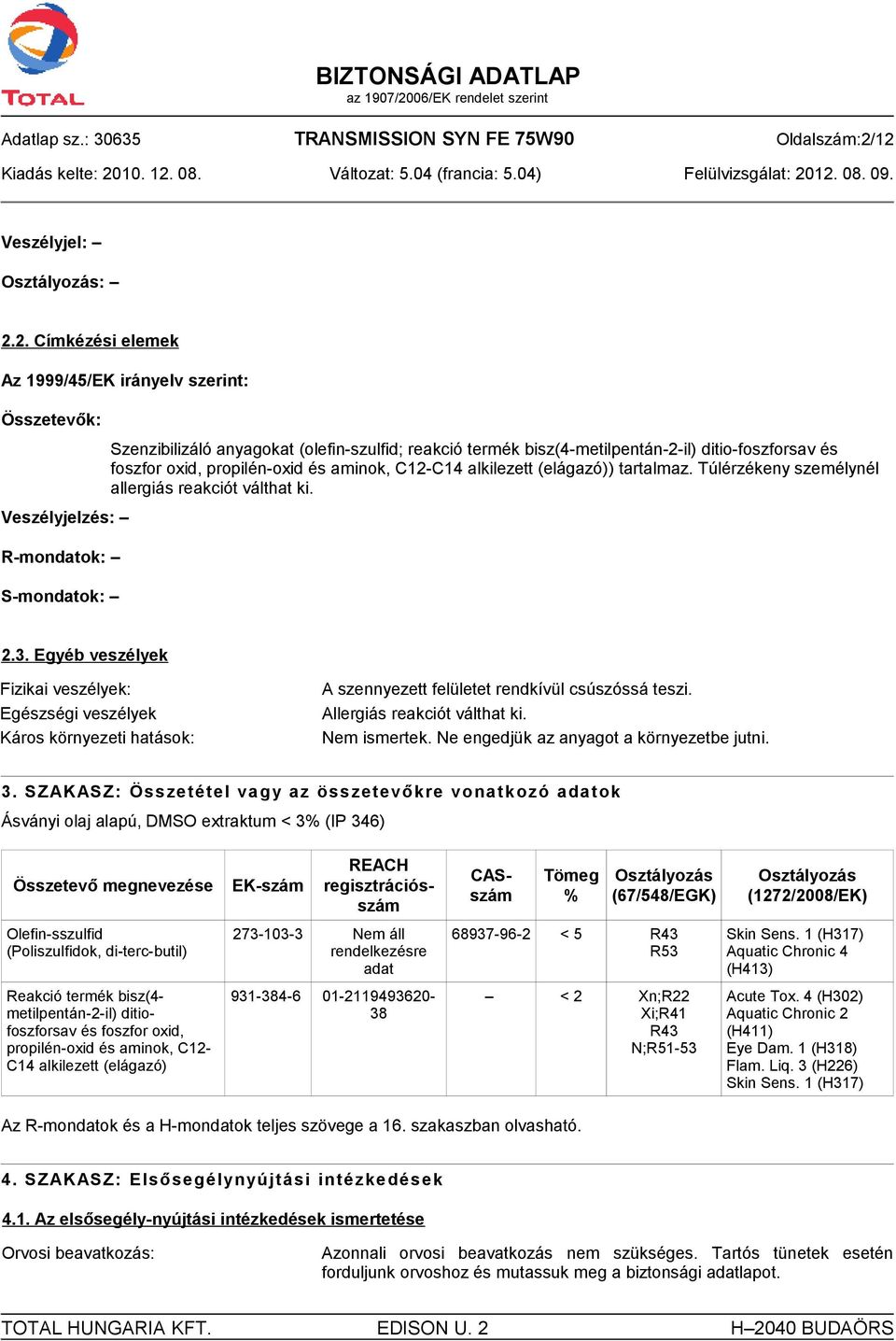 bisz(4-metilpentán-2-il) ditio-foszforsav és foszfor oxid, propilén-oxid és aminok, C12-C14 alkilezett (elágazó)) tartalmaz. Túlérzékeny személynél allergiás reakciót válthat ki. 2.3.