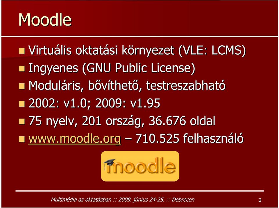 0; 2009: v1.95 75 nyelv, 201 ország, 36.676 oldal www.moodle.org 710.