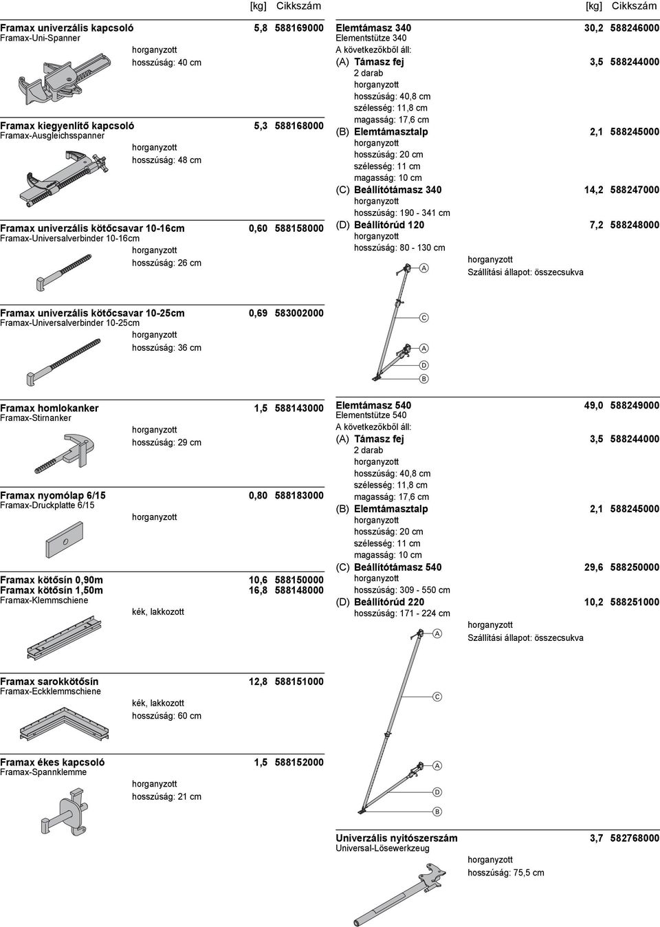 szélesség: 11,8 cm magasság: 17,6 cm (B) Elemtámasztalp 2,1 588245000 szélesség: 11 cm magasság: 10 cm (C) Beállítótámasz 340 14,2 588247000 hosszúság: 190-341 cm (D) Beállítórúd 120 7,2 588248000