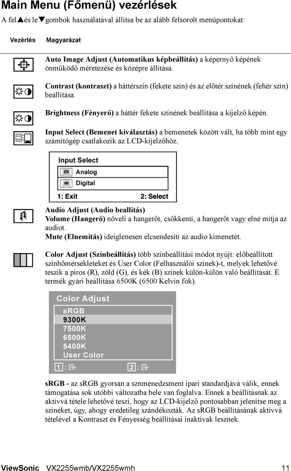 Input Select (Bemenet kiválasztás) a bemenetek között vált, ha több mint egy számítógép csatlakozik az LCD-kijelzőhöz.