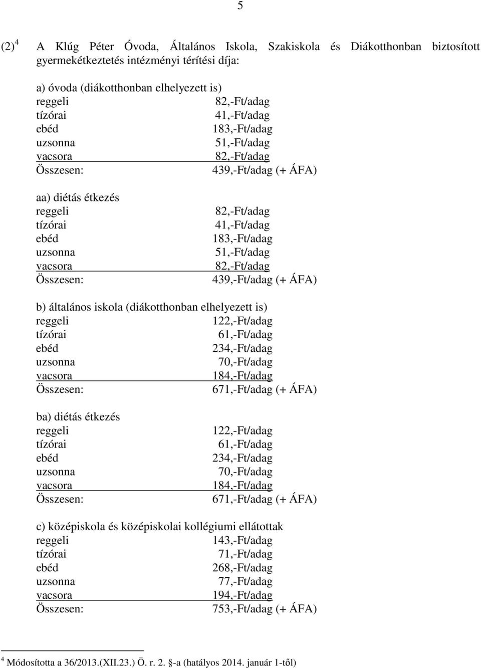 elhelyezett is) 122,-Ft/adag 61,-Ft/adag 234,-Ft/adag 70,-Ft/adag 184,-Ft/adag 671,-Ft/adag (+ ÁFA) ba) diétás étkezés 122,-Ft/adag 61,-Ft/adag 234,-Ft/adag 70,-Ft/adag 184,-Ft/adag 671,-Ft/adag (+