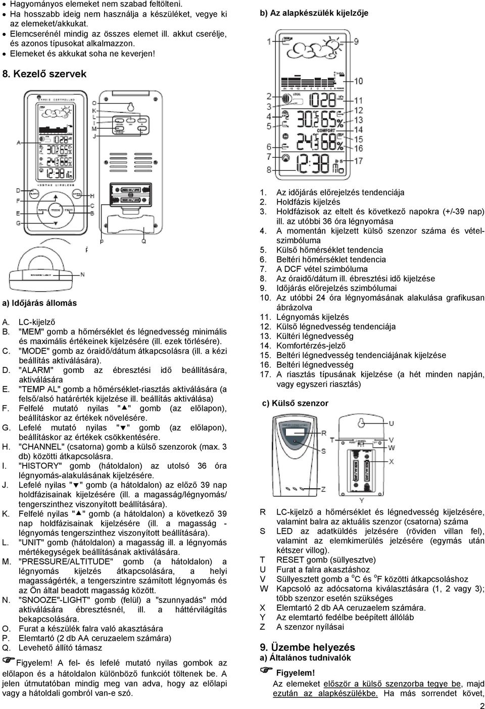 "MEM" gomb a hőmérséklet és légnedvesség minimális és maximális értékeinek kijelzésére (ill. ezek törlésére). C. "MODE" gomb az óraidő/dátum átkapcsolásra (ill. a kézi beállítás aktiválására). D.