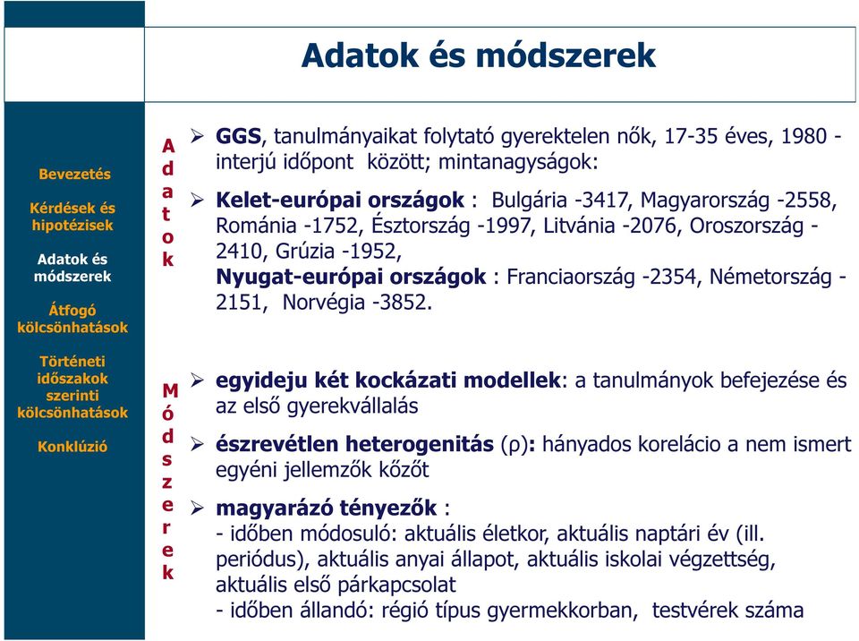 egyideju két kockázati modellek: a tanulmányok befejezése és az első gyerekvállalás észrevétlen heterogenitás (ρ): hányados korelácio a nem ismert egyéni jellemzők kőzőt magyarázó tényezők :