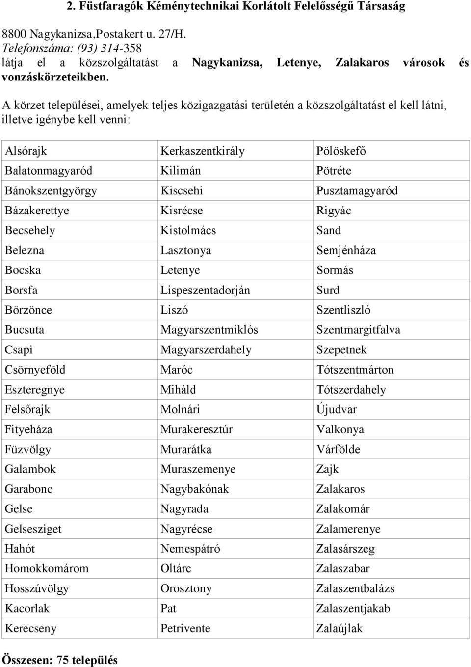 A körzet települései, amelyek teljes közigazgatási területén a közszolgáltatást el kell látni, illetve igénybe kell venni: Alsórajk Kerkaszentkirály Pölöskefő Balatonmagyaród Kilimán Pötréte