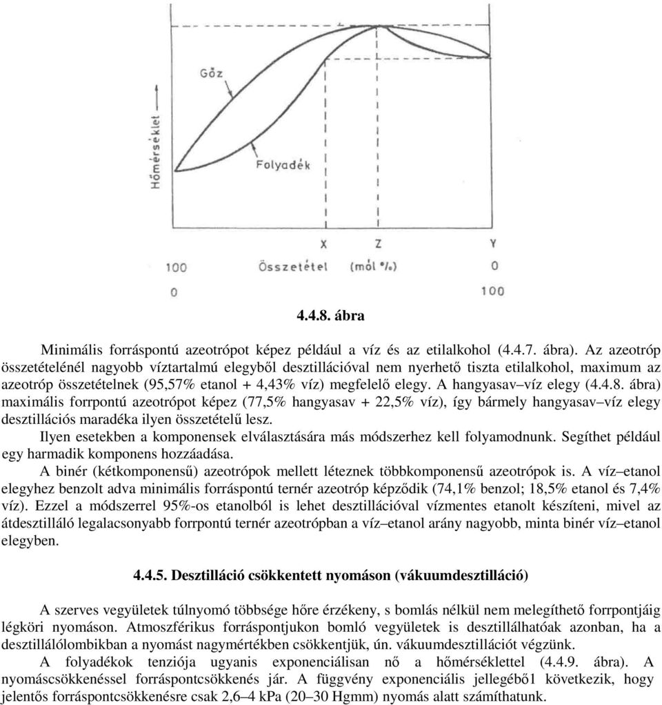 A hangyasav víz elegy (4.4.8. ábra) maximális forrpontú azeotrópot képez (77,5% hangyasav + 22,5% víz), így bármely hangyasav víz elegy desztillációs maradéka ilyen összetételő lesz.