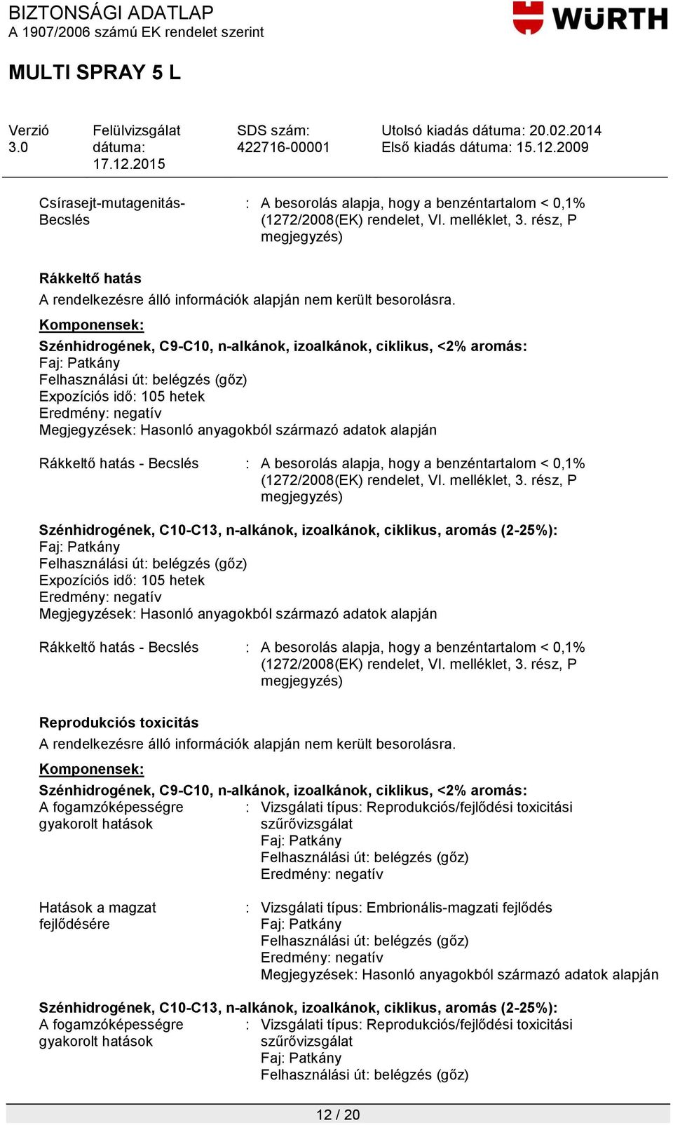 Faj: Patkány Felhasználási út: belégzés (gőz) Expozíciós idő: 105 hetek Rákkeltő hatás - Becslés : A besorolás alapja, hogy a benzéntartalom < 0,1% (1272/2008(EK) rendelet, VI. melléklet, 3.