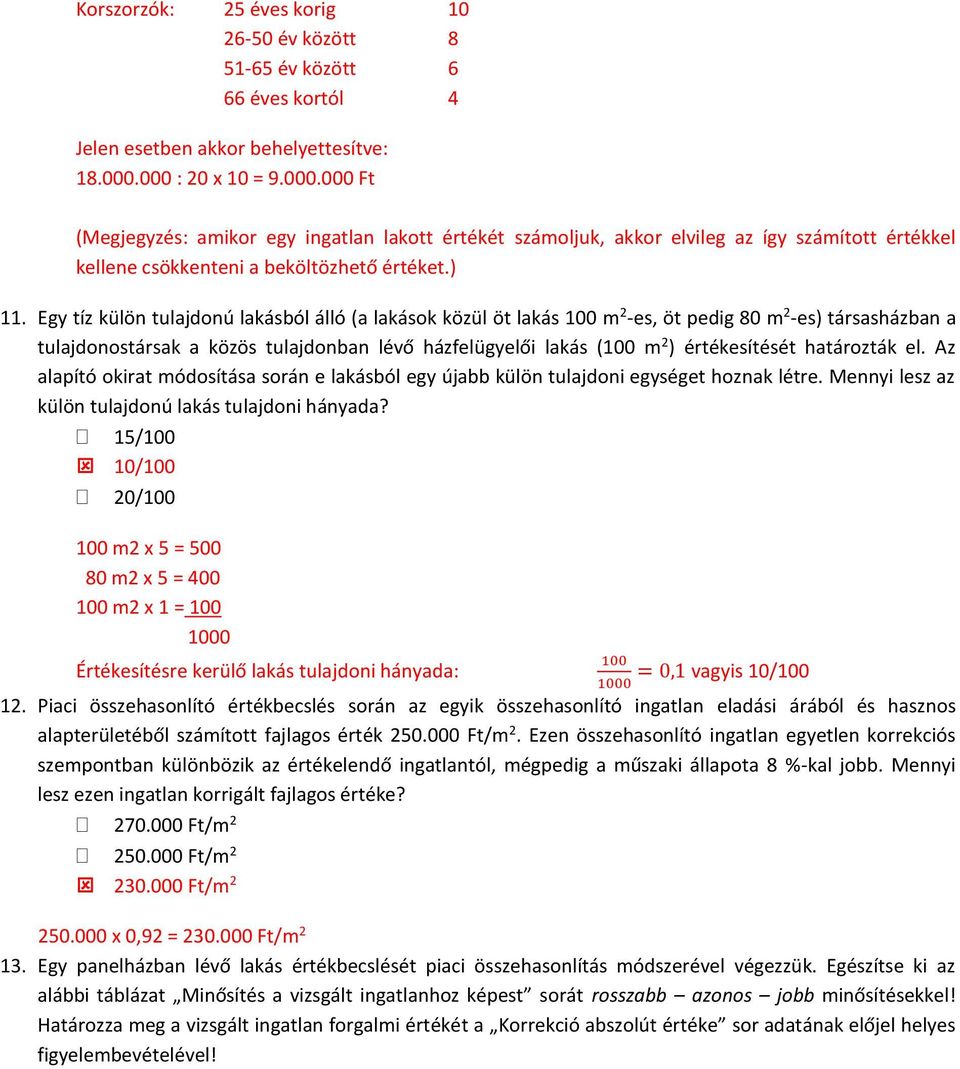 Egy tíz külön tulajdonú lakásból álló (a lakások közül öt lakás 100 m 2 -es, öt pedig 80 m 2 -es) társasházban a tulajdonostársak a közös tulajdonban lévő házfelügyelői lakás (100 m 2 ) értékesítését