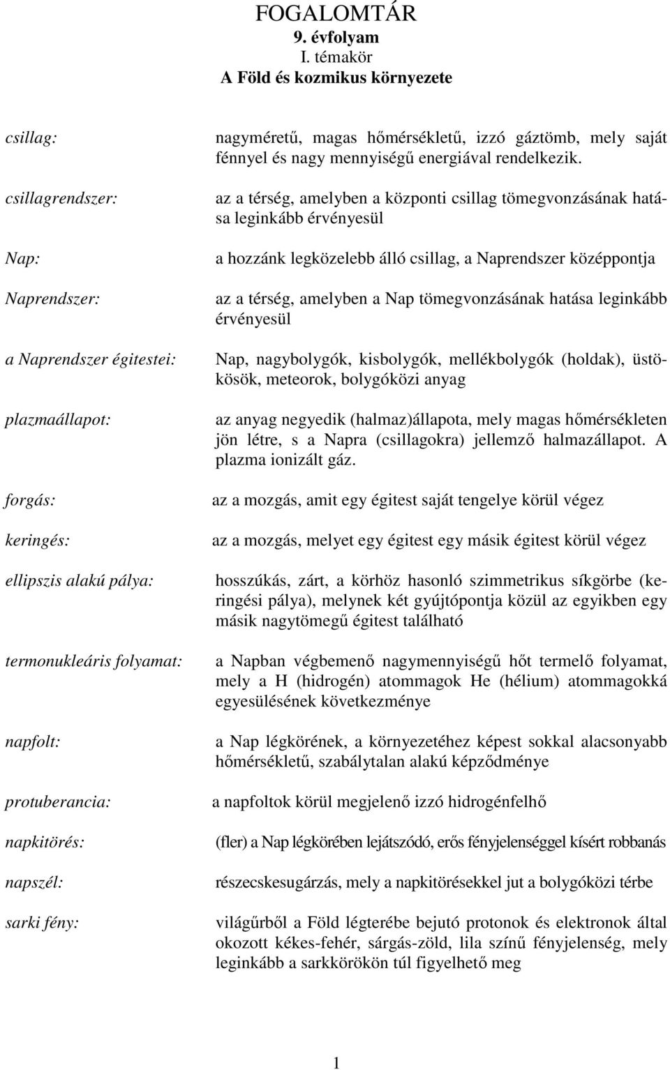 protuberancia: napkitörés: napszél: sarki fény: nagyméretű, magas hőmérsékletű, izzó gáztömb, mely saját fénnyel és nagy mennyiségű energiával rendelkezik.