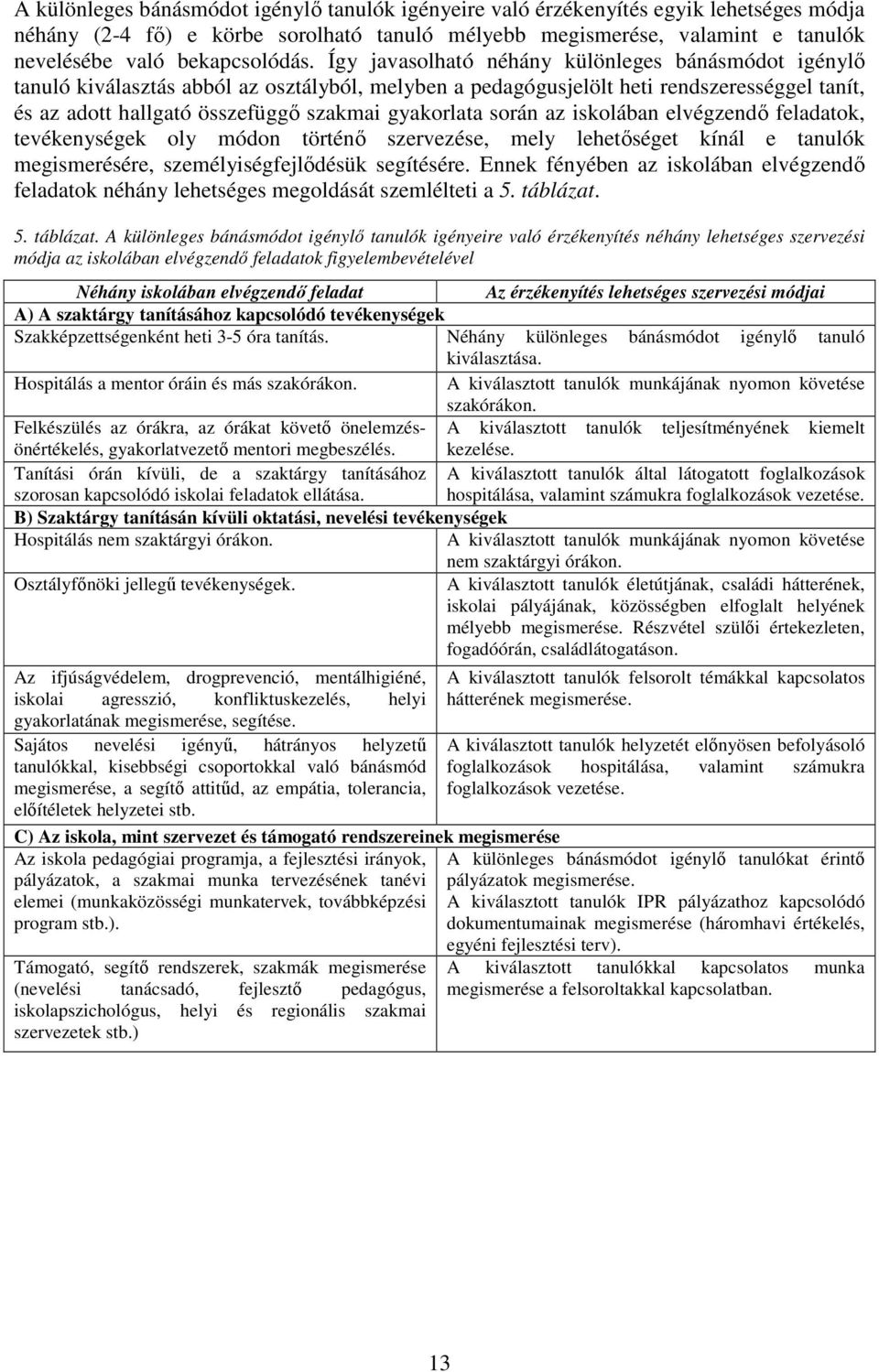 Így javasolható néhány különleges bánásmódot igénylő tanuló kiválasztás abból az osztályból, melyben a pedagógusjelölt heti rendszerességgel tanít, és az adott hallgató összefüggő szakmai gyakorlata