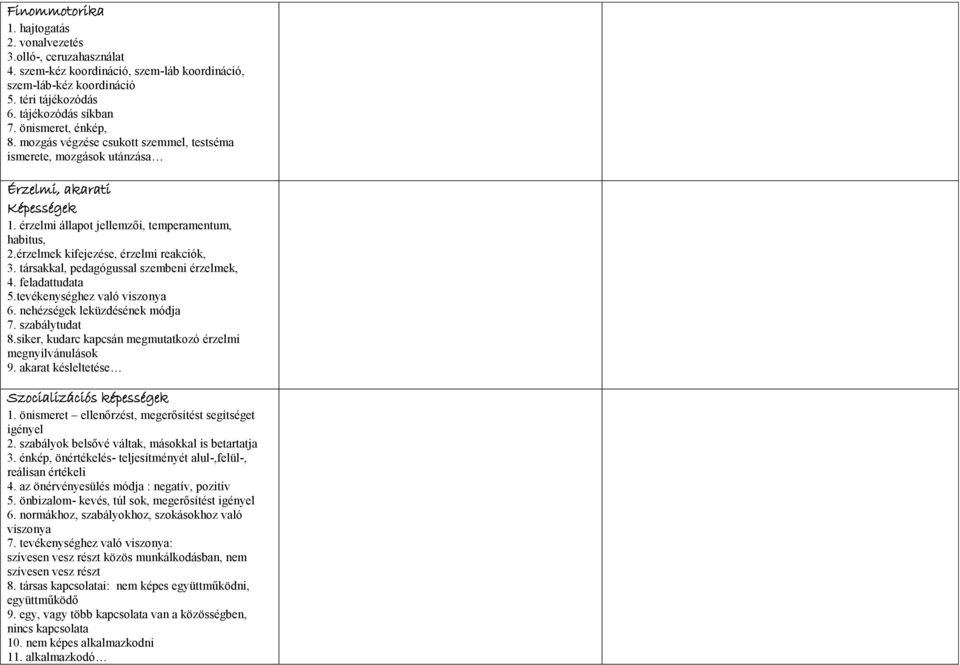 érzelmek kifejezése, érzelmi reakciók, 3. társakkal, pedagógussal szembeni érzelmek, 4. feladattudata 5.tevékenységhez való viszonya 6. nehézségek leküzdésének módja 7. szabálytudat 8.
