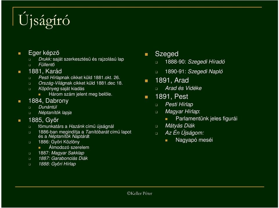 1884, Dabrony Dunántúl Néptanítók lapja 1885, Gyır fımunkatárs a Hazánk címő újságnál 1886-ban megindítja a Tanítóbarát címő lapot és a Néptanítók Naptárát 1886: