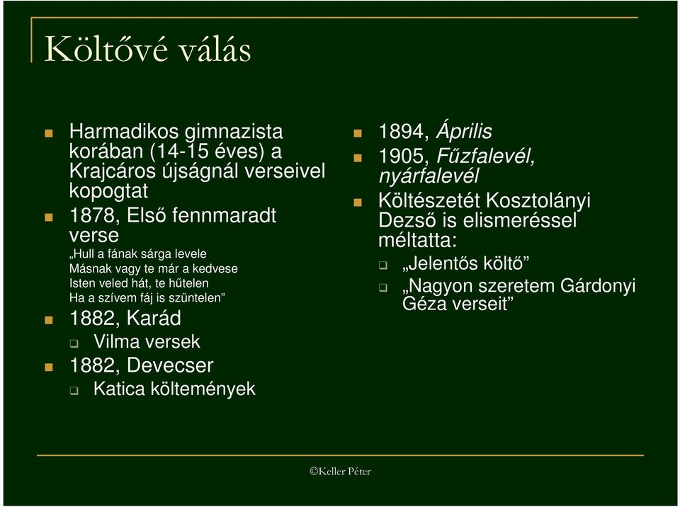 fáj is szüntelen 1882, Karád Vilma versek 1882, Devecser Katica költemények 1894, Április 1905, Főzfalevél,