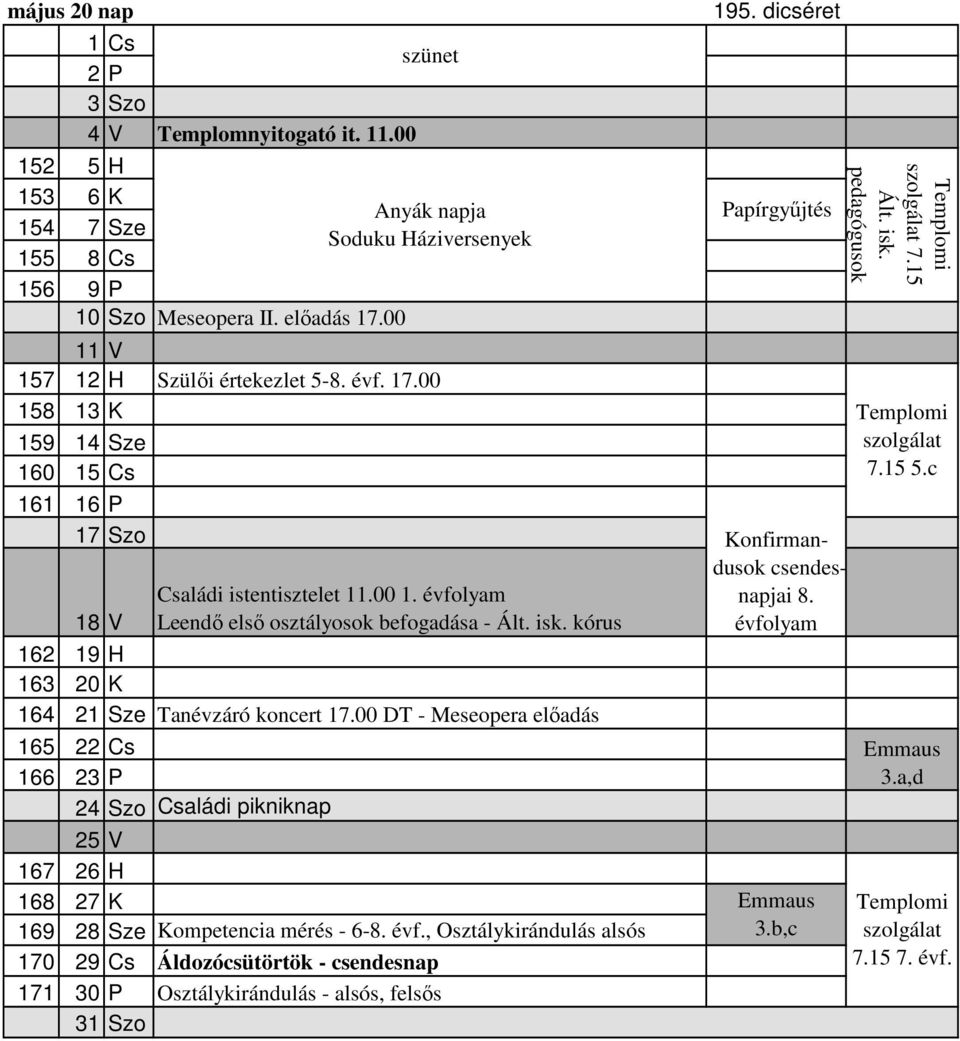 kórus 162 19 H 163 20 K 164 21 Sze Tanévzáró koncert 17.00 DT - Meseopera előadás 165 22 Cs 166 23 P 24 Szo Családi pikniknap 25 V 167 26 H 168 27 K 169 28 Sze Kompetencia mérés - 6-8. évf.