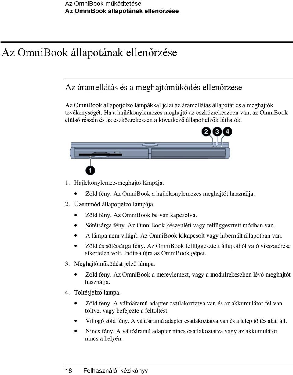 Hajlékonylemez-meghajtó lámpája. Zöld fény. Az OmniBook a hajlékonylemezes meghajtót használja. 2. Üzemmód állapotjelző lámpája. Zöld fény. Az OmniBook be van kapcsolva. Sötétsárga fény.