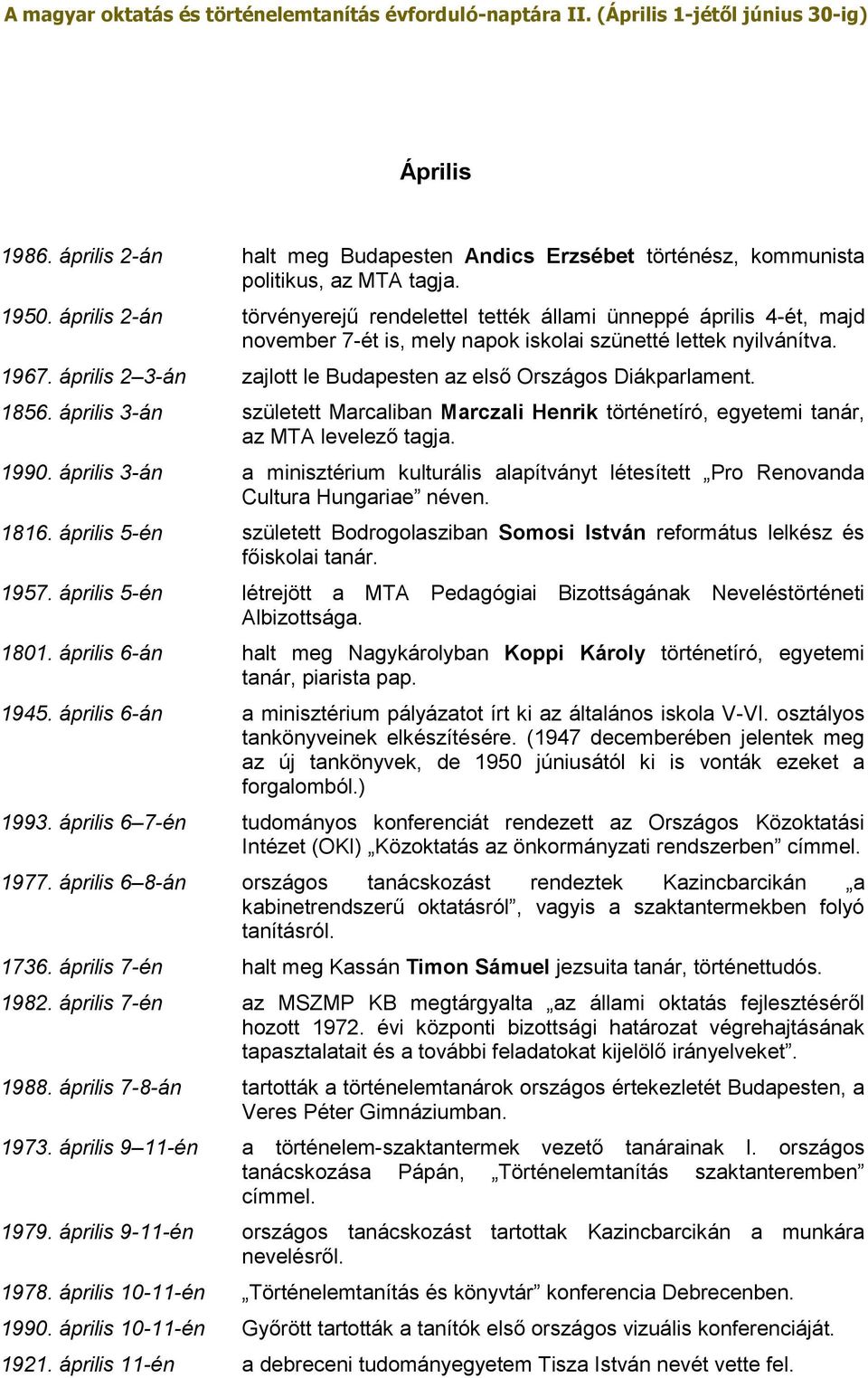 április 2 3-án zajlott le Budapesten az első Országos Diákparlament. 1856. április 3-án született Marcaliban Marczali Henrik történetíró, egyetemi tanár, az MTA levelező tagja. 1990.